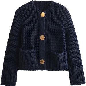 Zara Navy Knit Cardigan with Gold Buttons